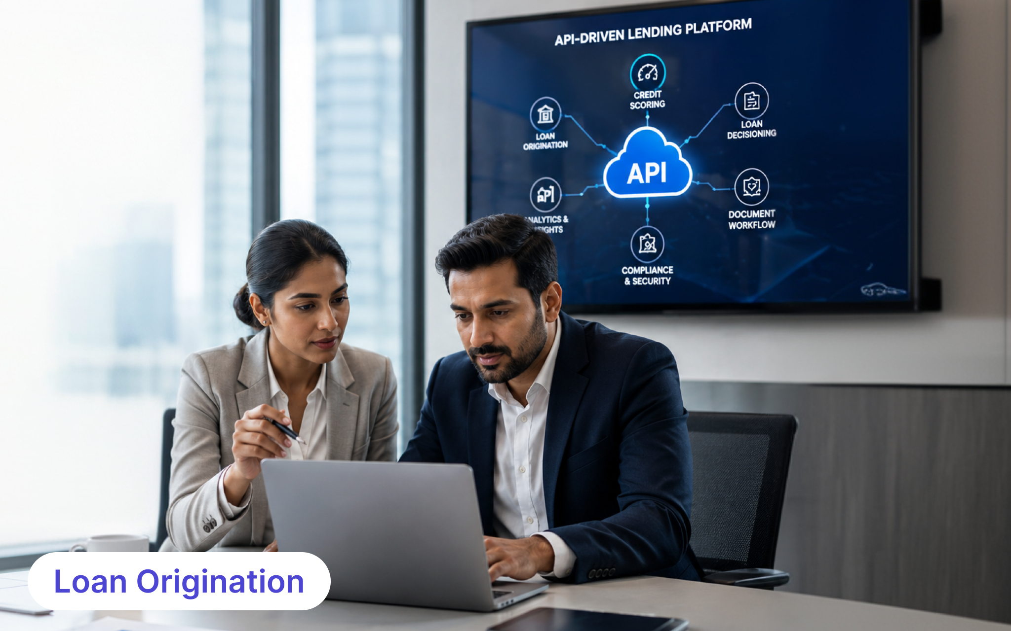 Professionals reviewing a Credit Scoring API integrated with a modern Loan Origination Platform for automated lending decisions.
