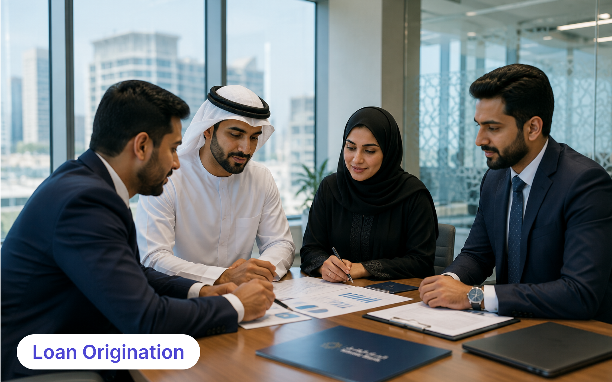 Shariah Compliant Lending for Modern Islamic Banking Professionals discussing Shariah Compliant Lending and Islamic banking solutions in a modern financial institution.