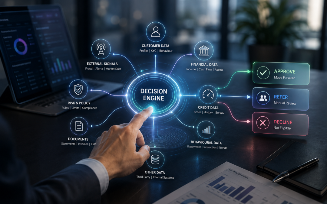 Photorealistic credit decision engine connecting borrower data, financial information, risk signals and credit policy to lending outcomes