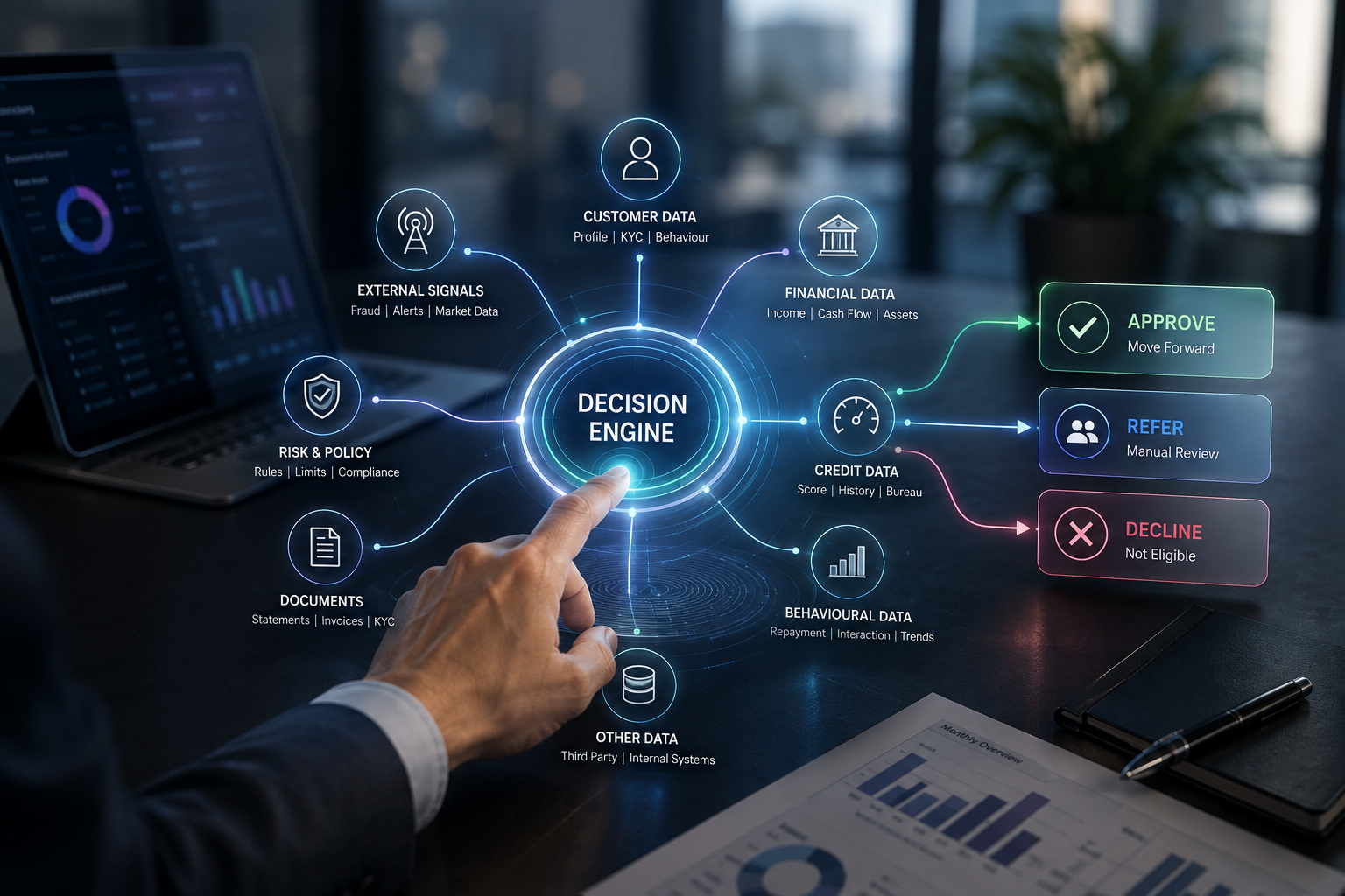 Photorealistic credit decision engine connecting borrower data, financial information, risk signals and credit policy to lending outcomes