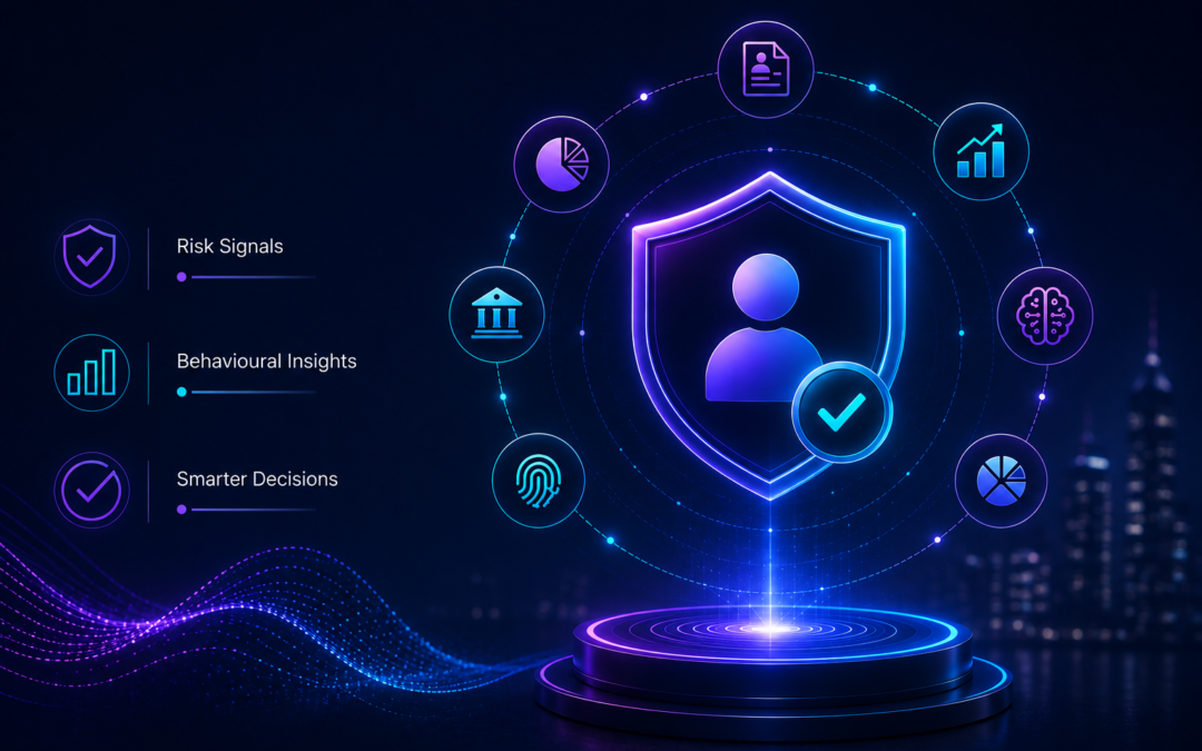 Credit risk assessment concept showing borrower risk signals, behavioural data and risk models informing a smarter lending decision