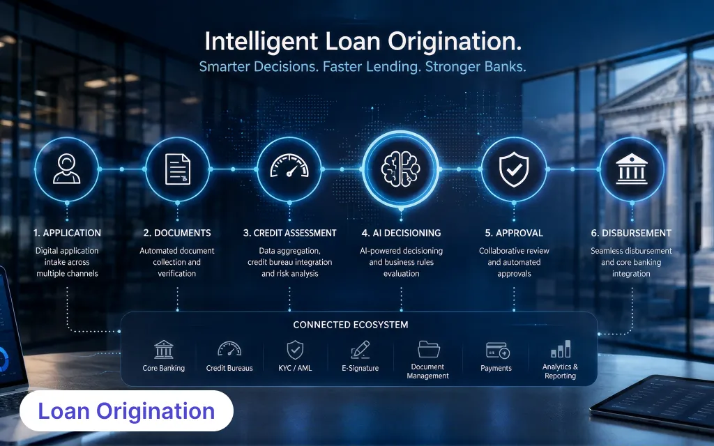 Digital loan origination workflow connecting application, credit assessment, AI decisioning, approval, and disbursement