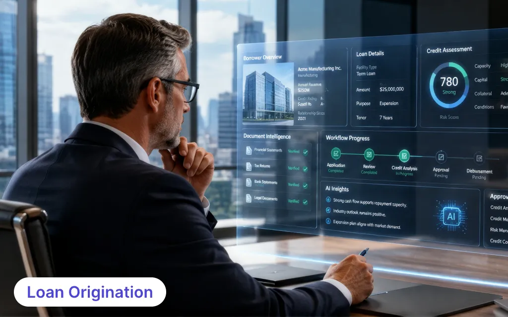 Executive banker reviewing a commercial loan origination workflow using a modern AI-powered lending platform.