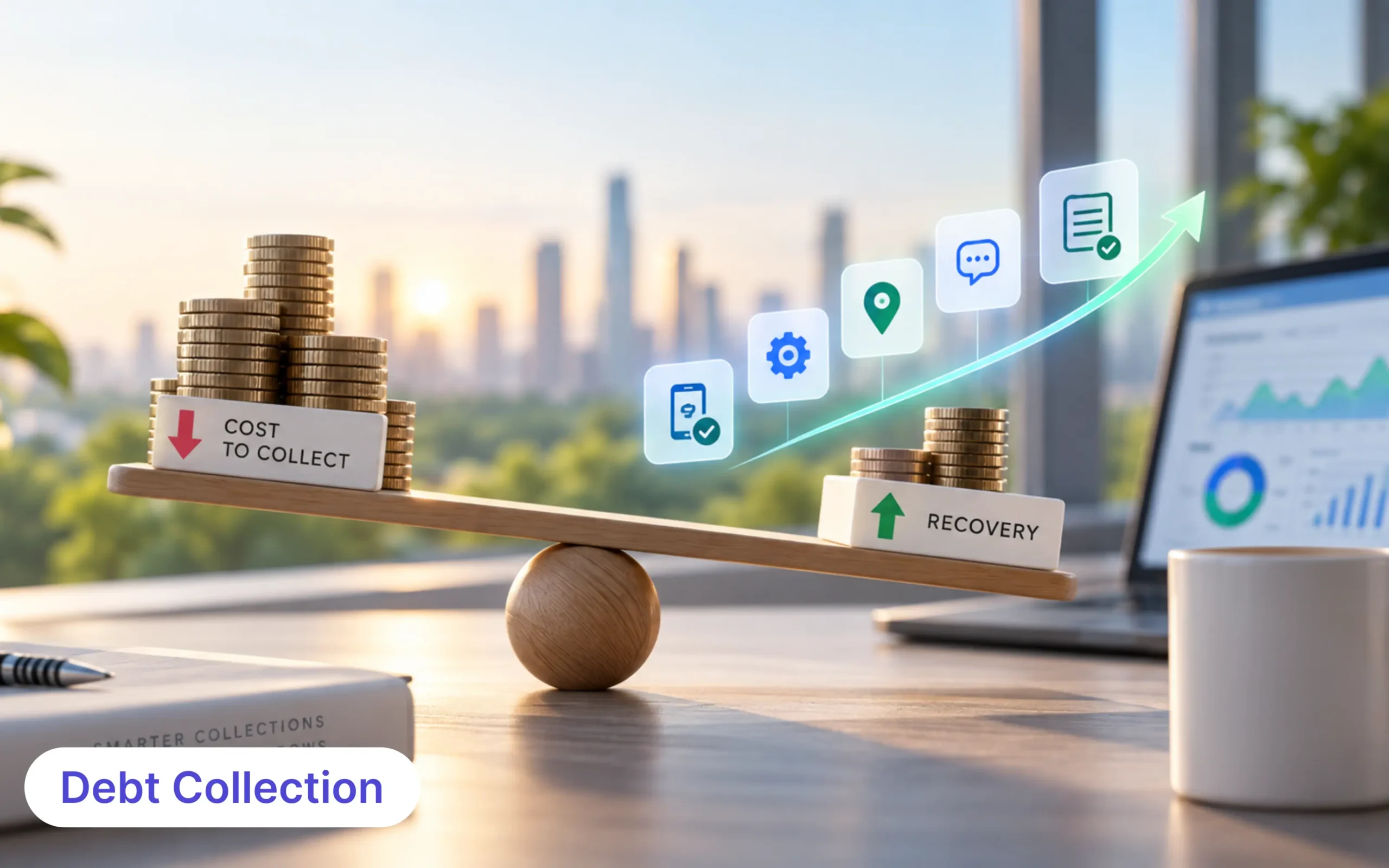 How Loan Collection Software Reduces Cost-to-Collect Abstract illustration showing loan collection software directing accounts through digital, agent-assisted and field recovery channels to reduce cost-to-collect.